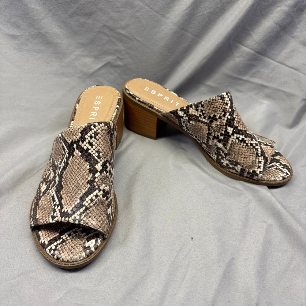 Esprit Snakeskin‎ Print Mules Brown Python Open Toe Block Heel Sandals Womens 9M